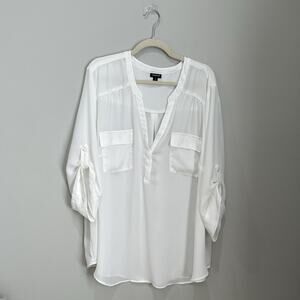 TORRID Harper Blouse Sz 4 White V-Neck Sheer Roll Tab Sleeve‎ Work Casual Women